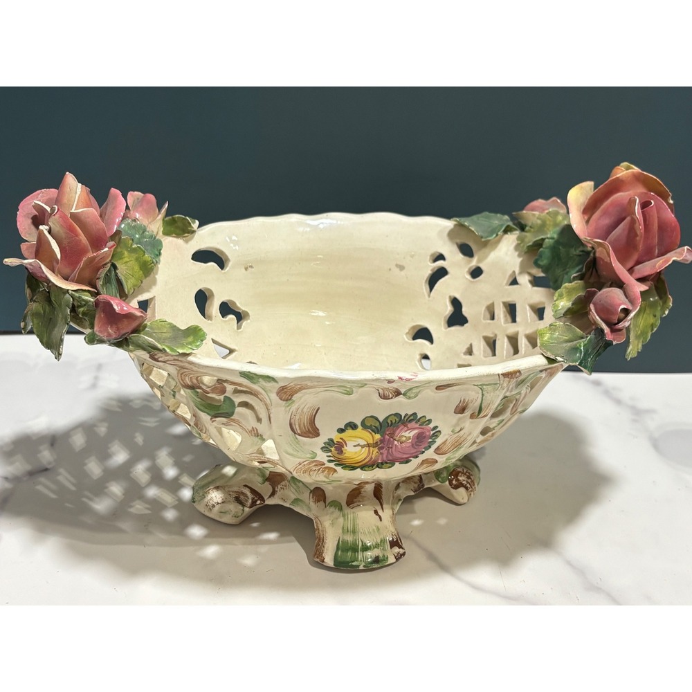 Nuova Capodimonte Italy Reticulated Floral Centerpiece Bowl Savastano Rose